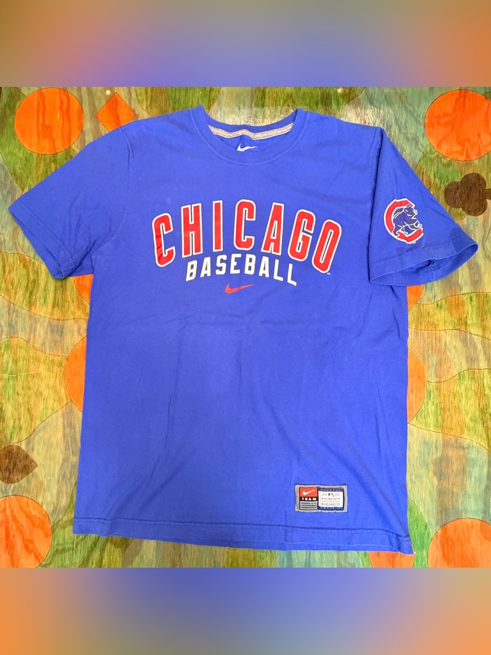 Chicago Cubs Nike Shirt Center Swoosh Blue Short Sleeve Mens Large Standard Fit